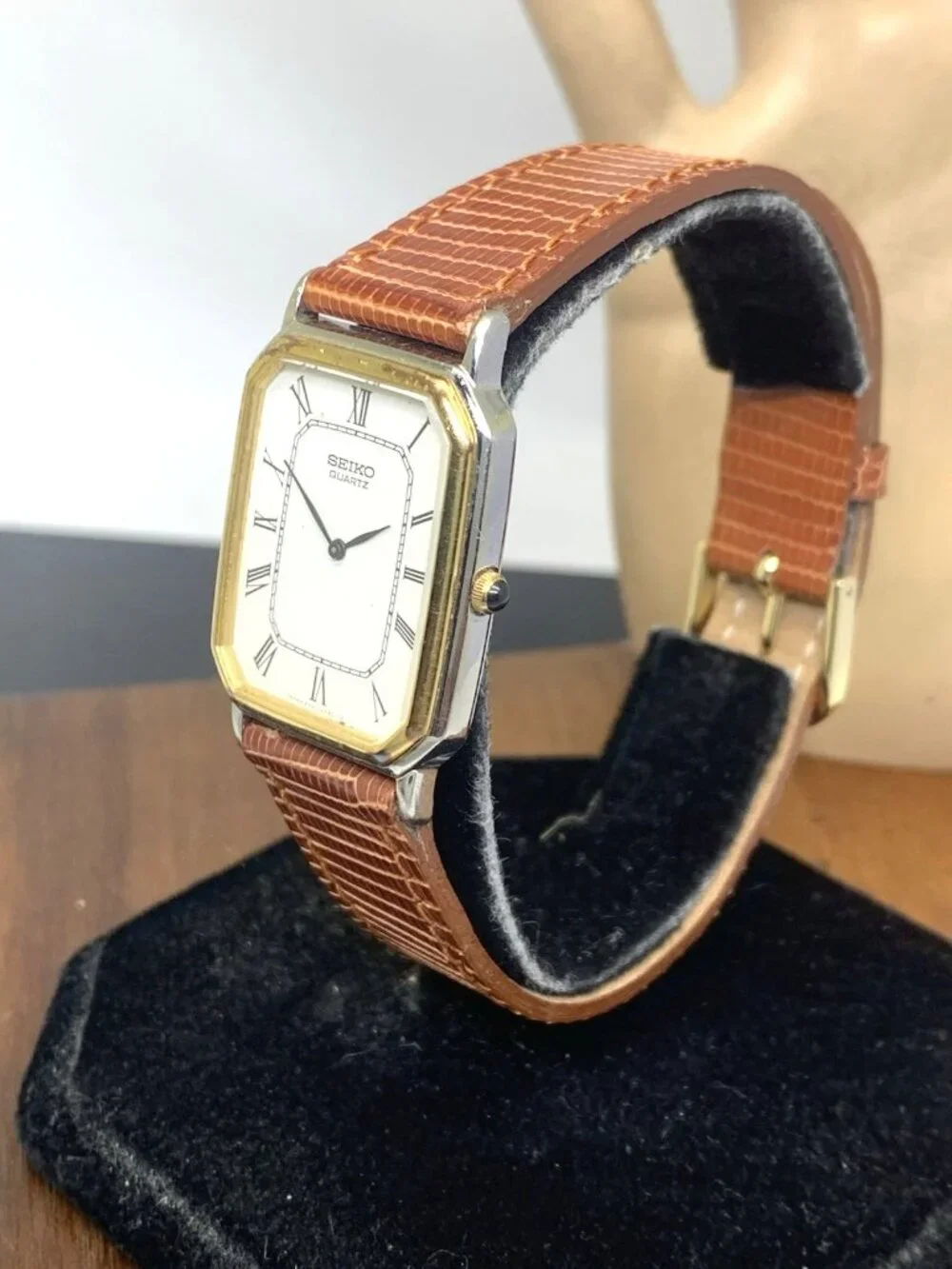 Seiko Watch 2320-6380 Quartz Tank Two Tone Case Brown Leather Strap 1981 25mm